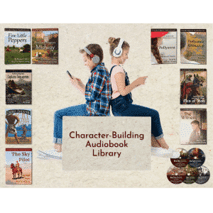 Photo of ten audiobooks included in the Character-Building Audiobook Library
