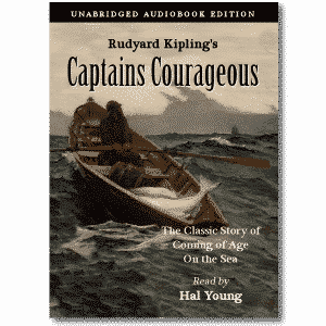 A victorian fishing boat is on the cover of the Captains Courageous audiobook