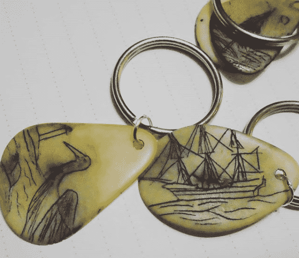 Scrimshaw Key Rings by Home on the Range Three Scrimshaw Vegetable Ivory Key Rings